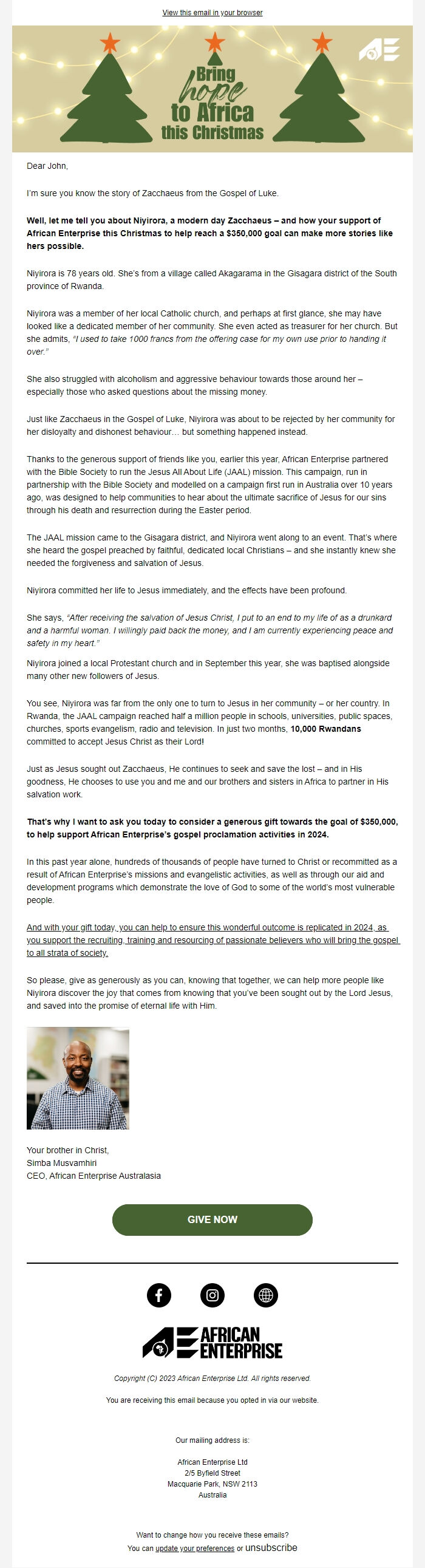 Screenshot of the email generated on import