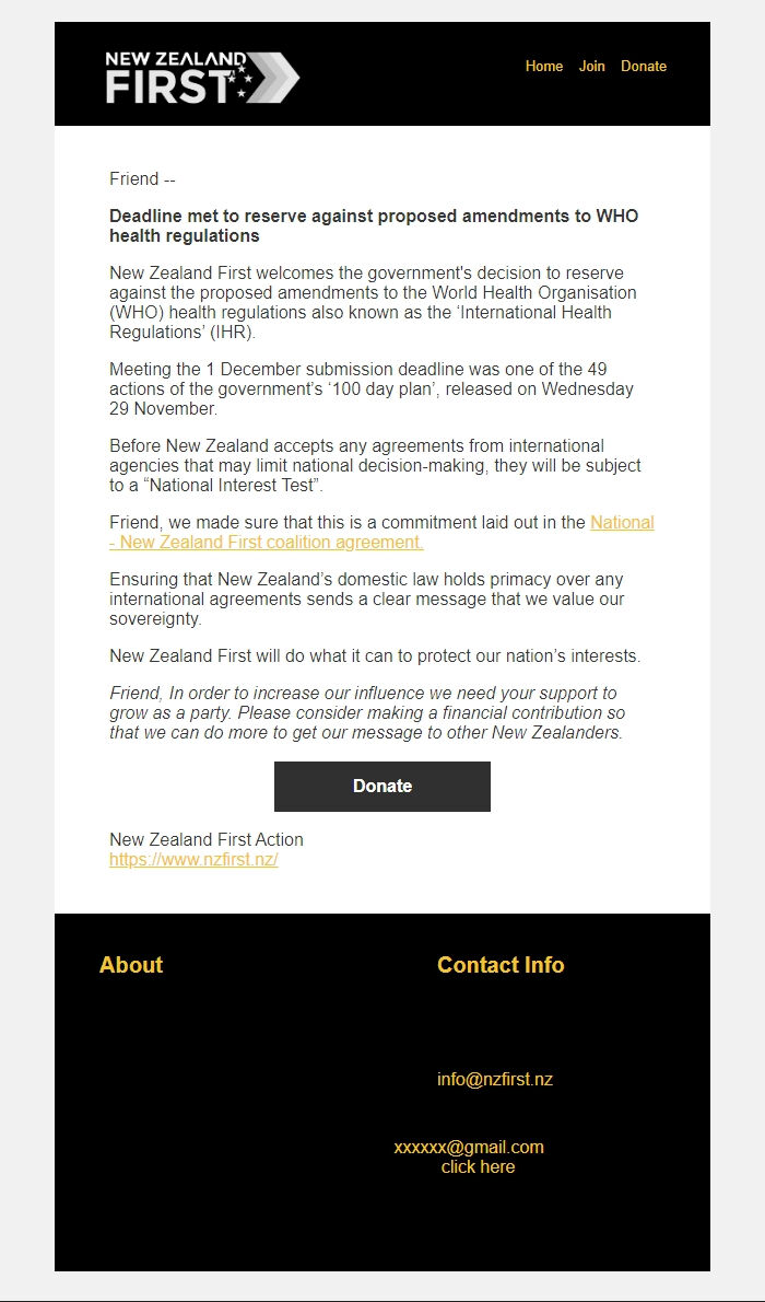 Screenshot of the email generated on import
