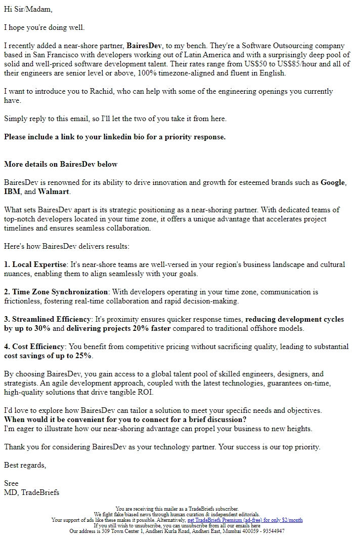 Screenshot of the email generated on import