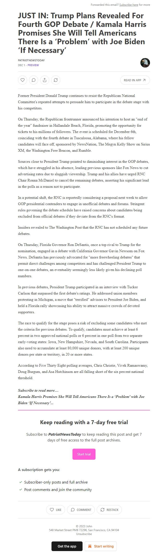 Screenshot of the email generated on import