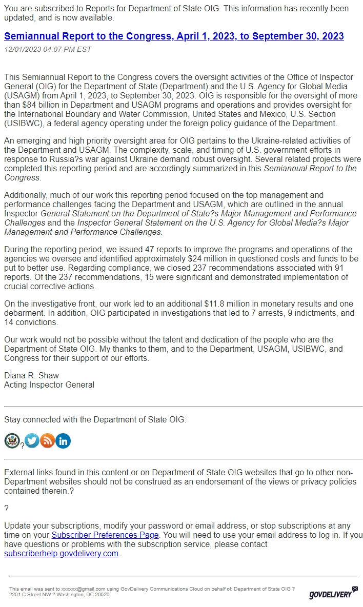 Screenshot of the email generated on import