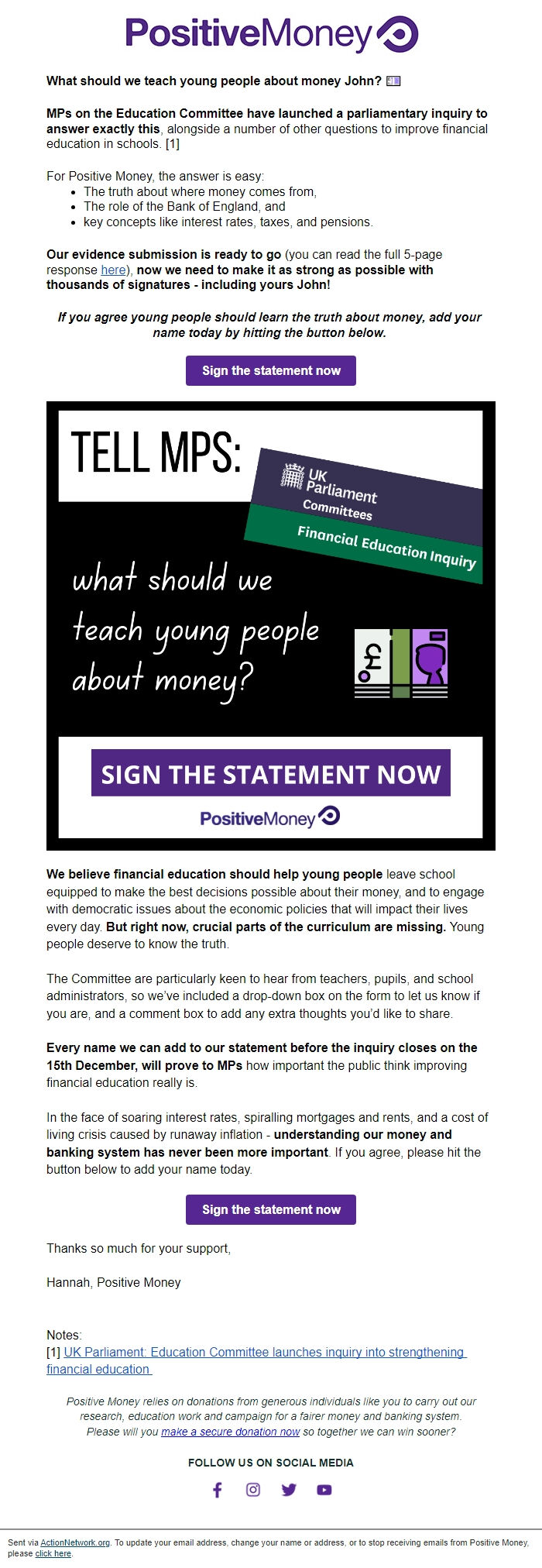 Screenshot of the email generated on import