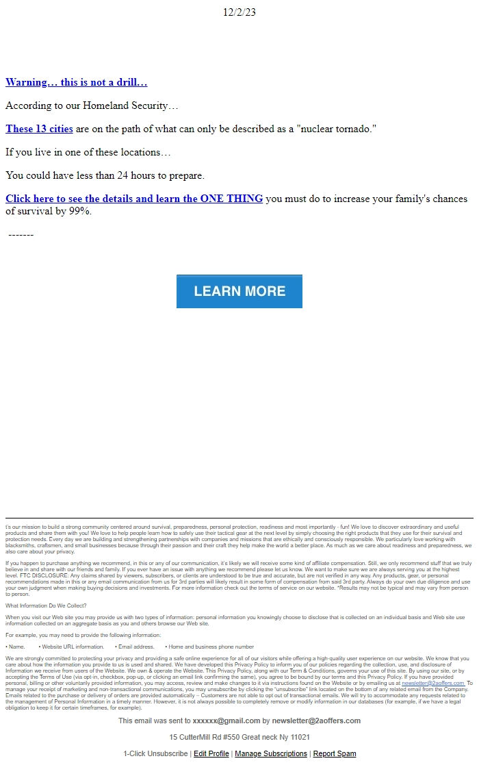 Screenshot of the email generated on import