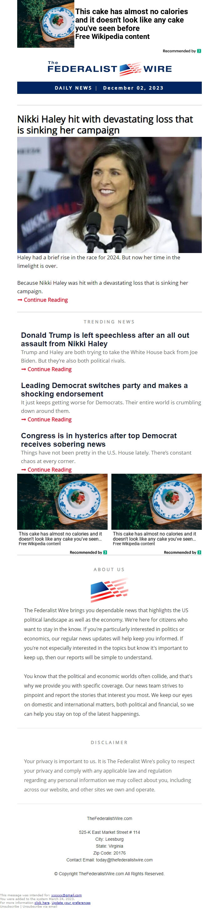 Screenshot of the email generated on import