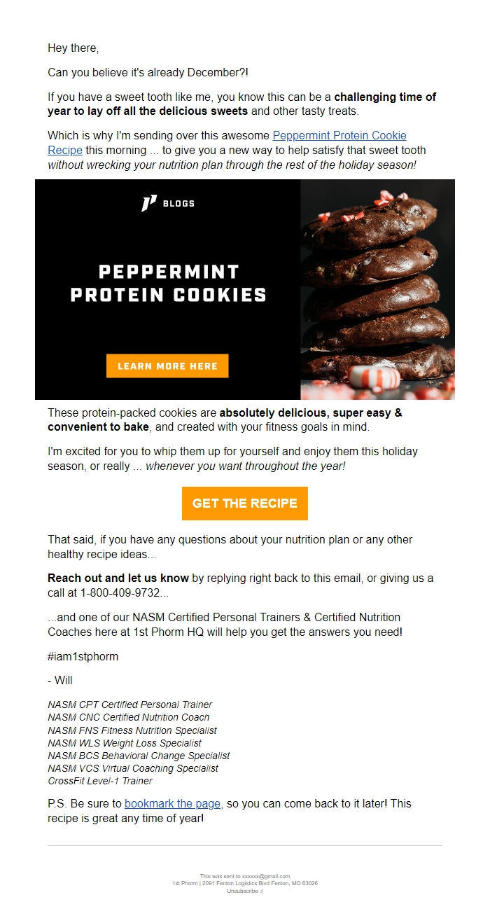 Screenshot of the email generated on import