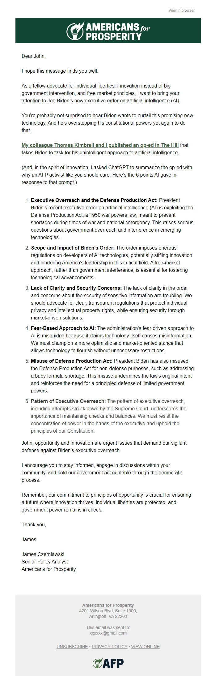 Screenshot of the email generated on import