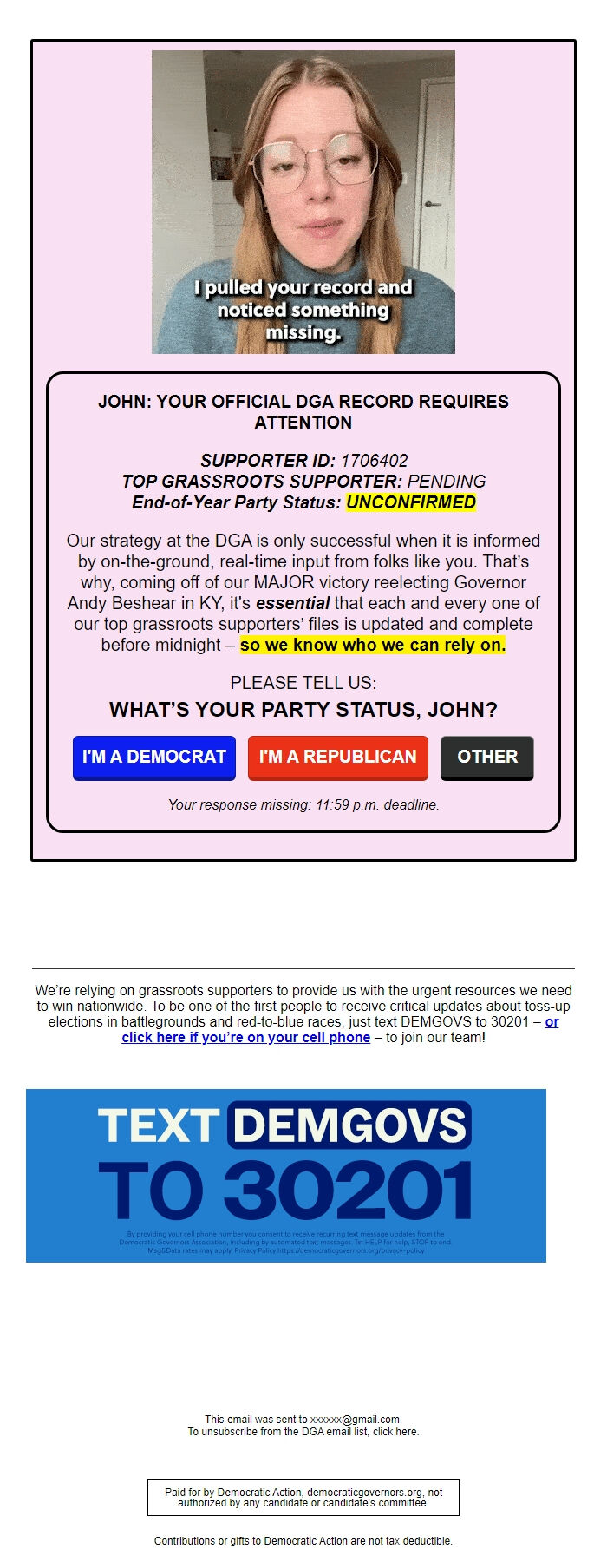 Screenshot of the email generated on import