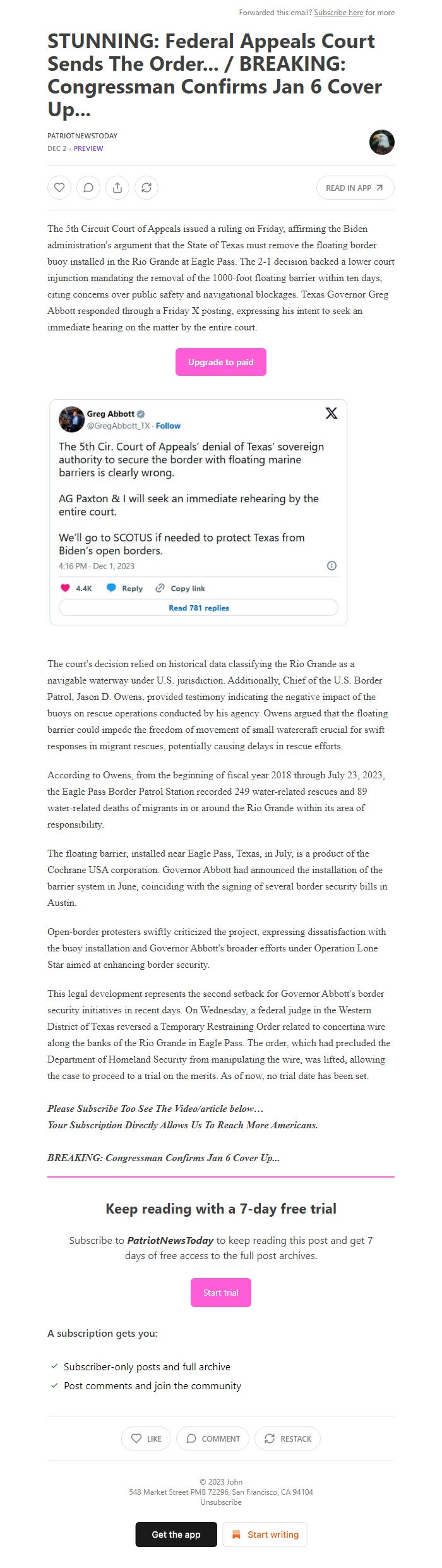 Screenshot of the email generated on import