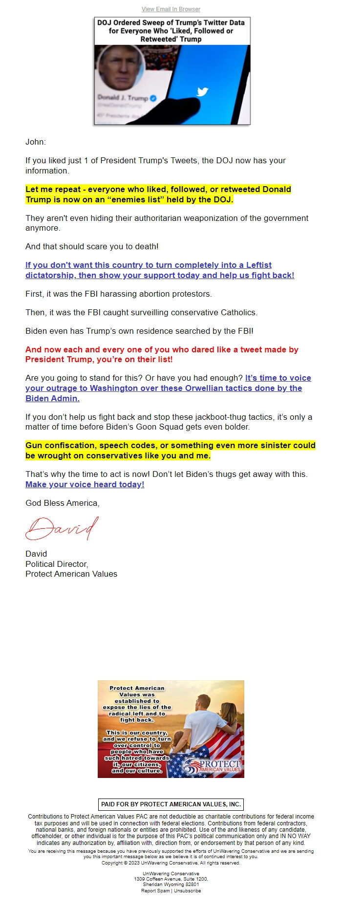 Screenshot of the email generated on import