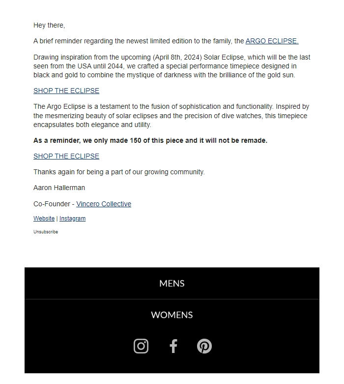 Screenshot of the email generated on import