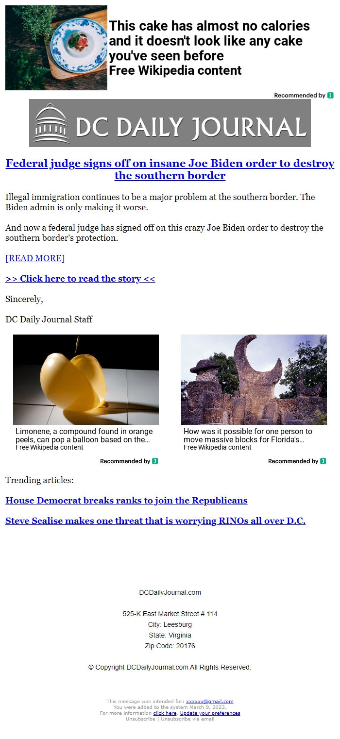 Screenshot of the email generated on import