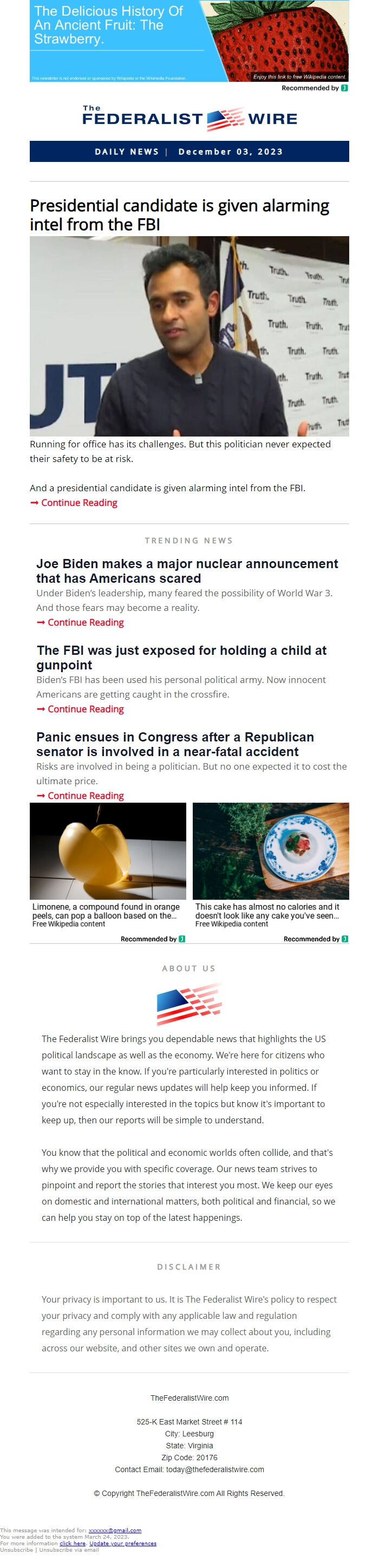 Screenshot of the email generated on import