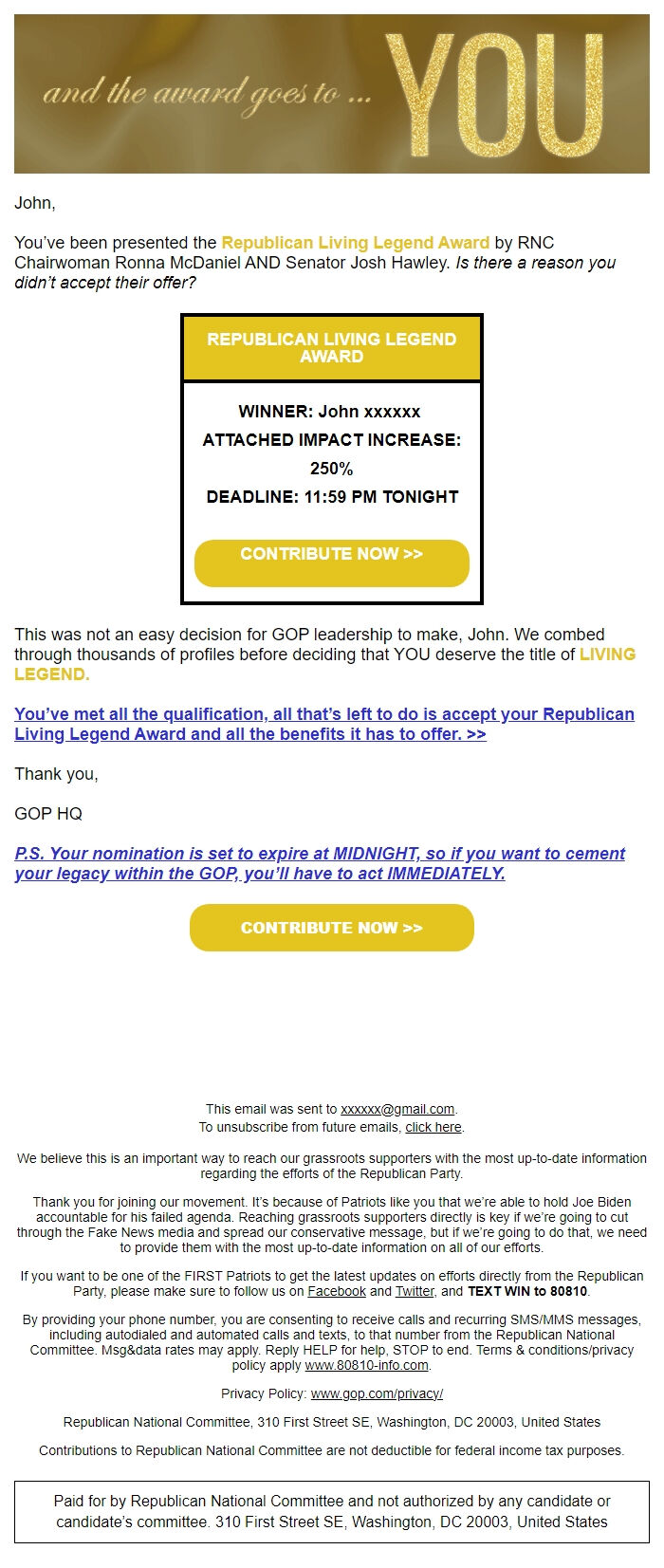 Screenshot of the email generated on import