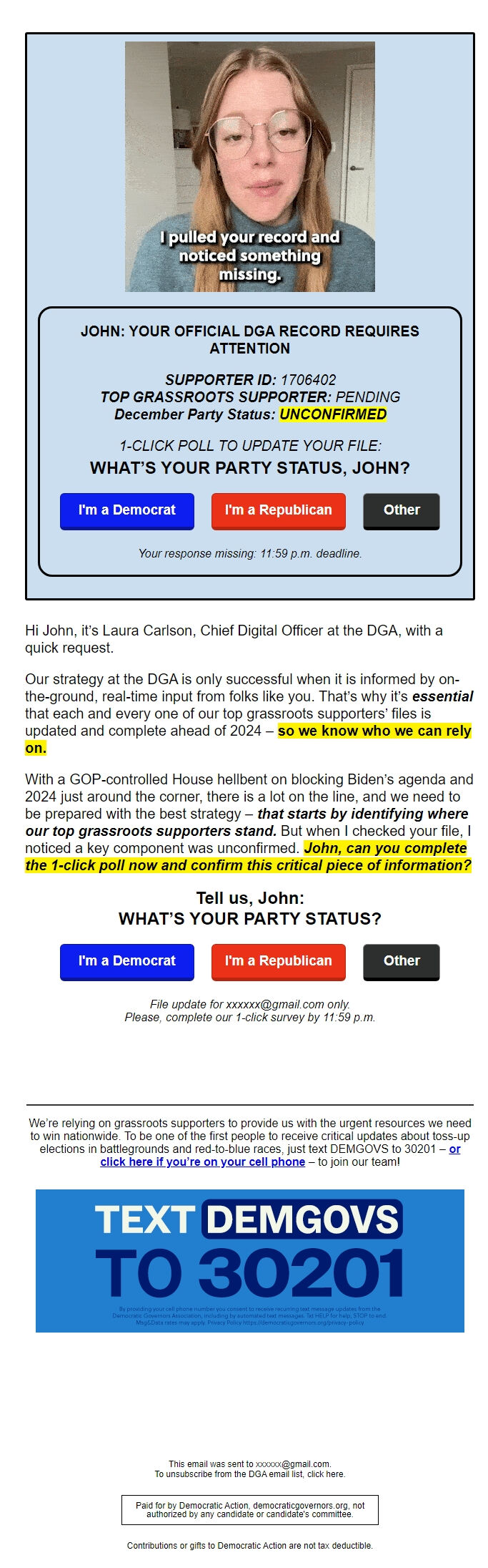 Screenshot of the email generated on import