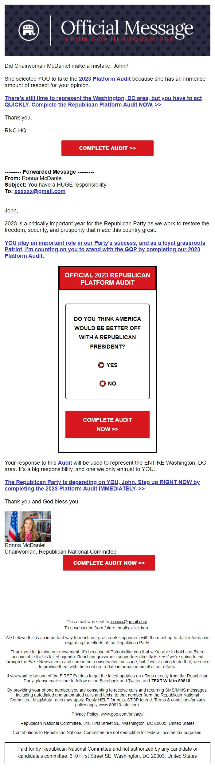 Screenshot of the email generated on import