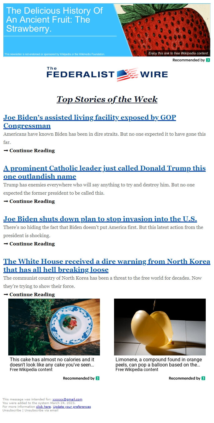 Screenshot of the email generated on import