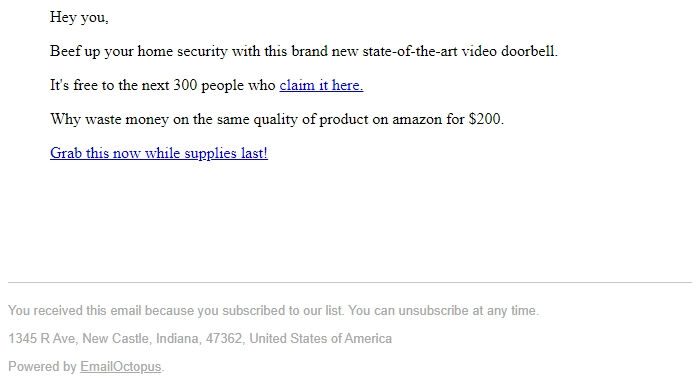 Screenshot of the email generated on import