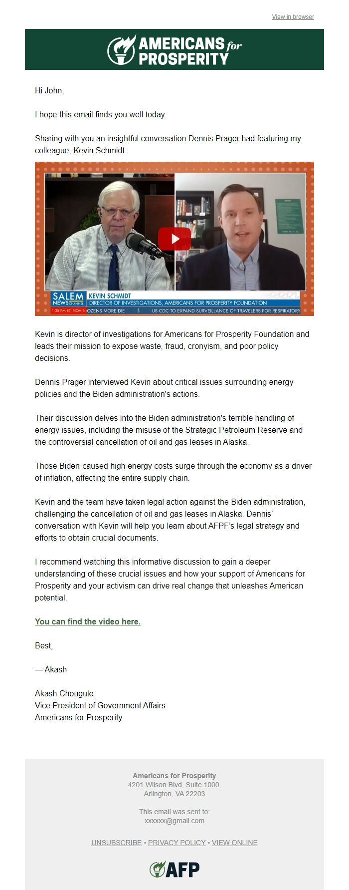 Screenshot of the email generated on import