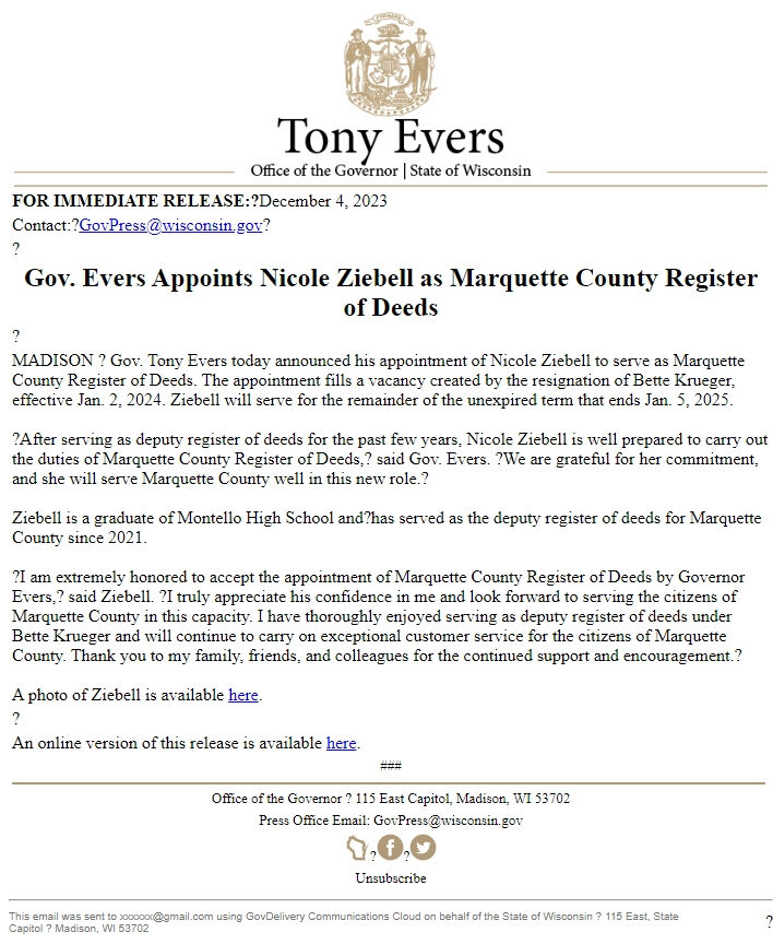 Screenshot of the email generated on import