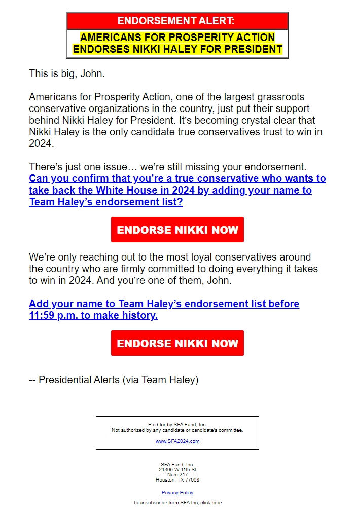 Screenshot of the email generated on import