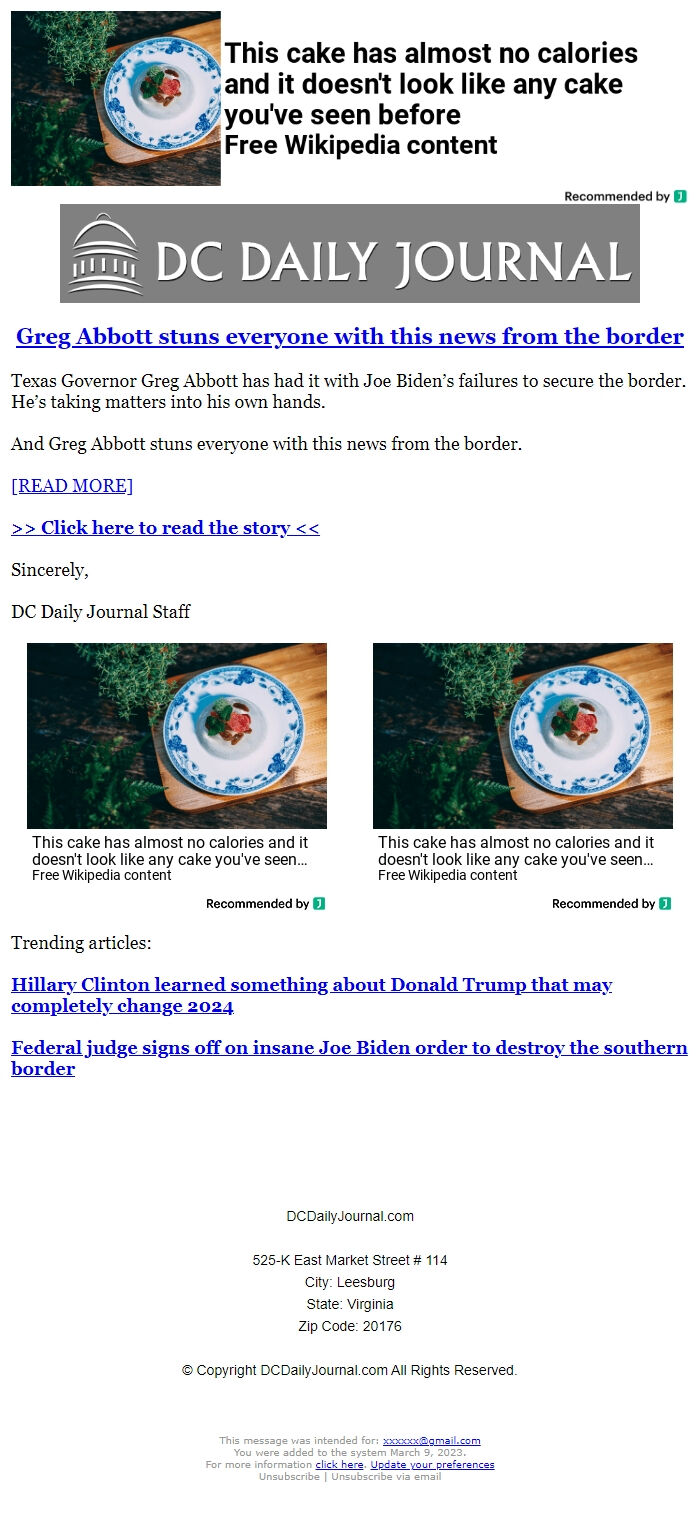 Screenshot of the email generated on import