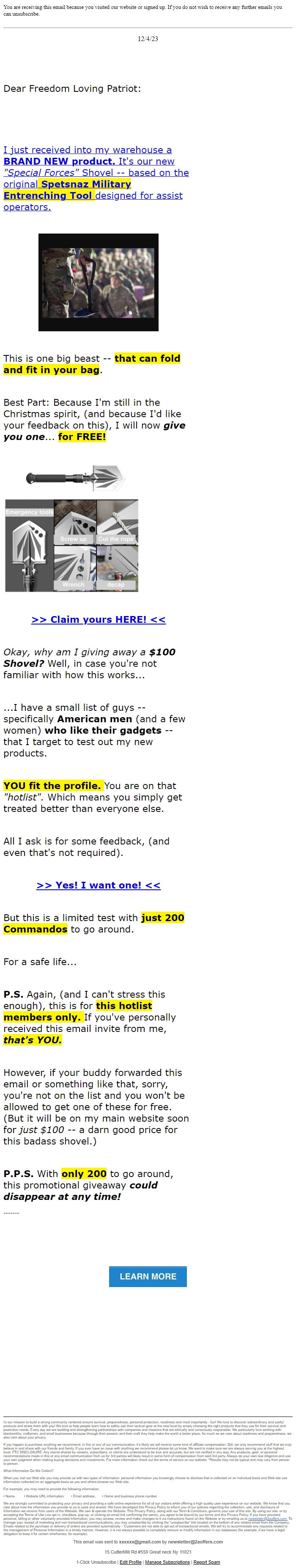 Screenshot of the email generated on import