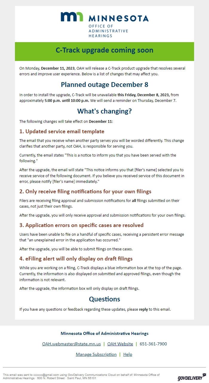 Screenshot of the email generated on import