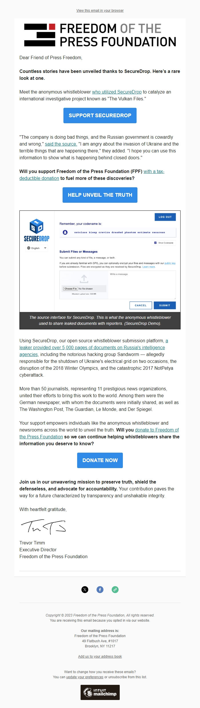 Screenshot of the email generated on import
