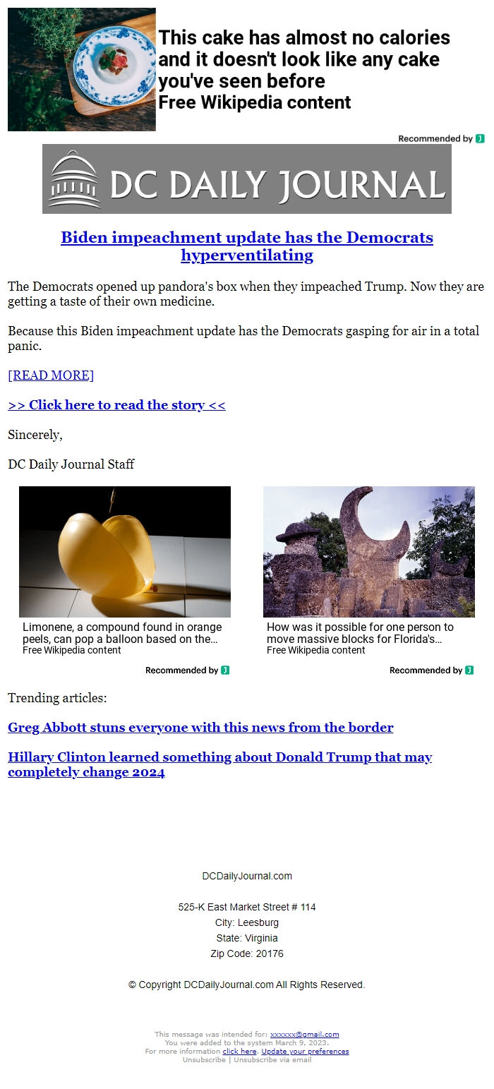 Screenshot of the email generated on import