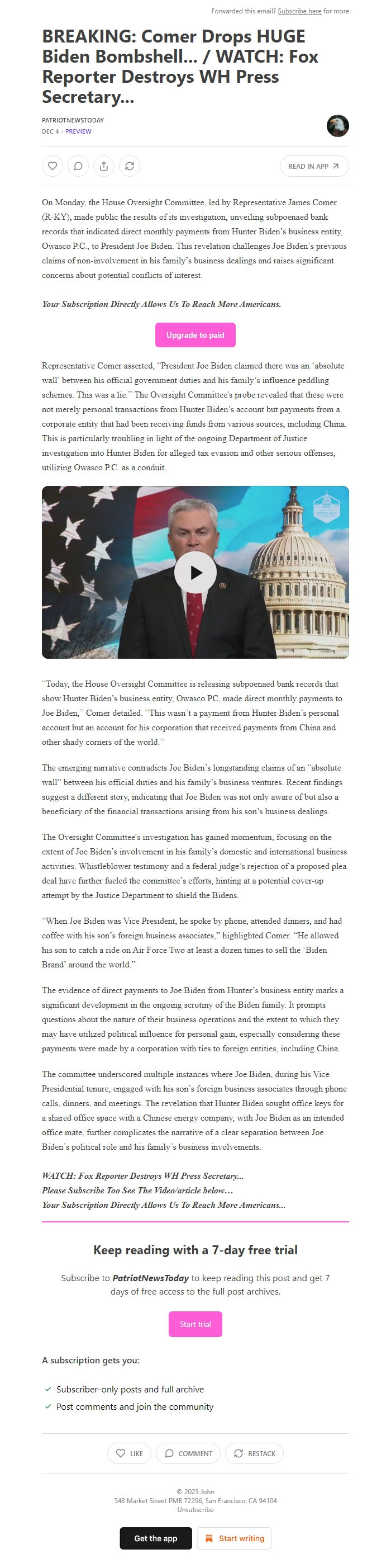 Screenshot of the email generated on import