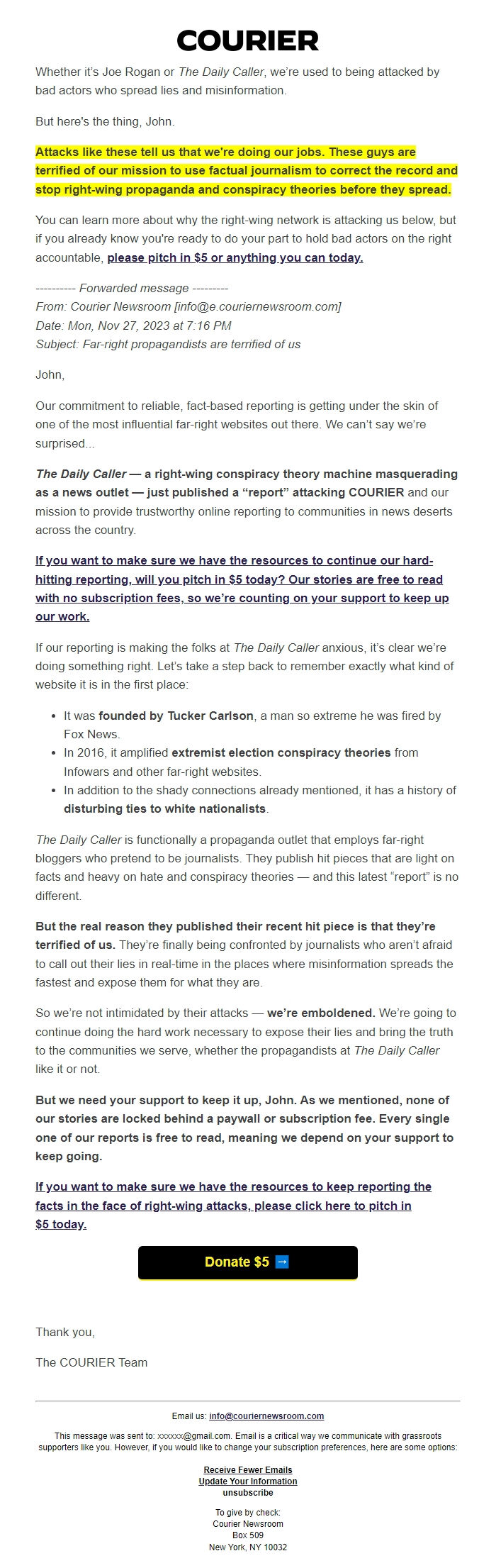 Screenshot of the email generated on import