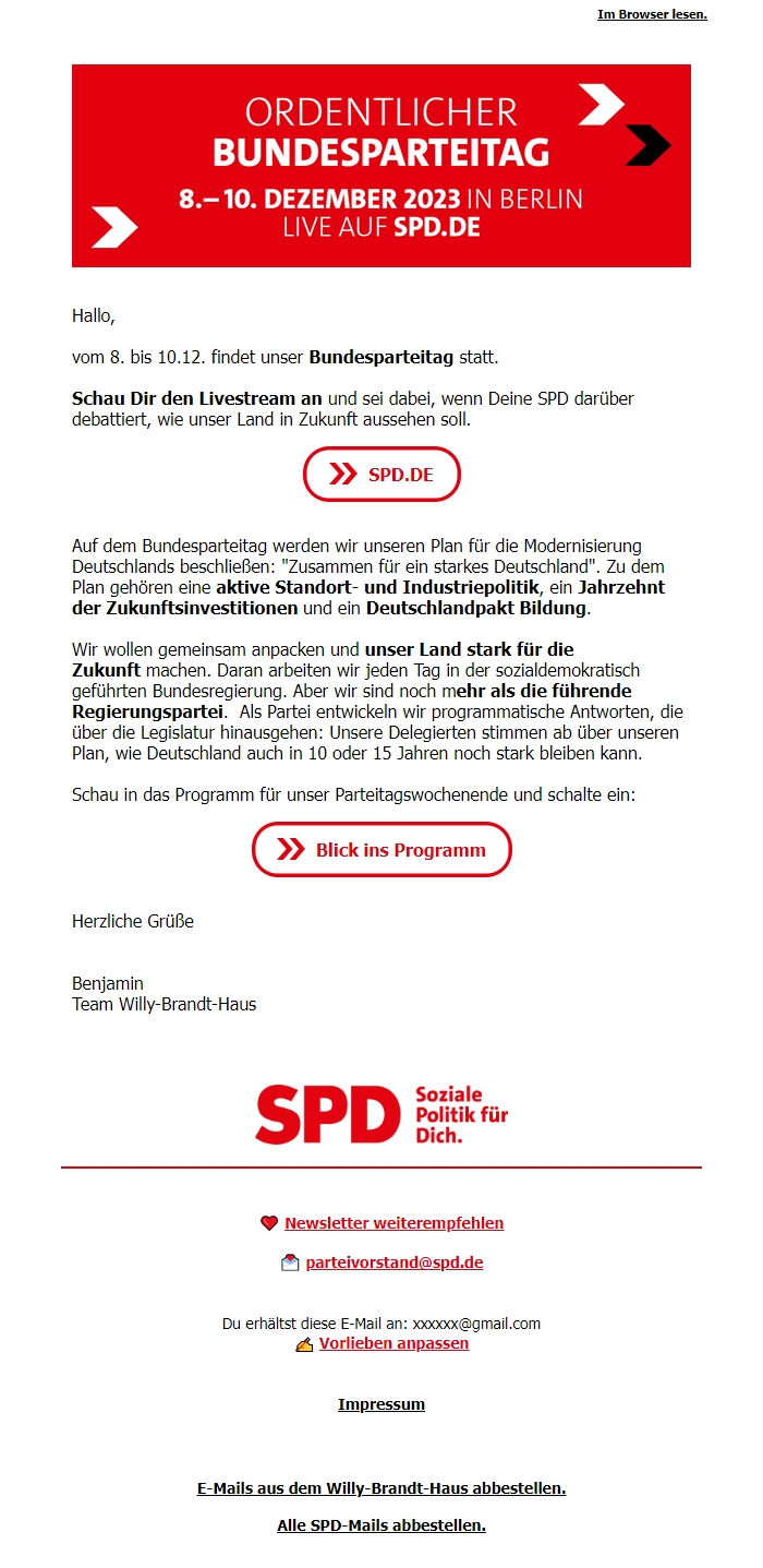 Screenshot of the email generated on import