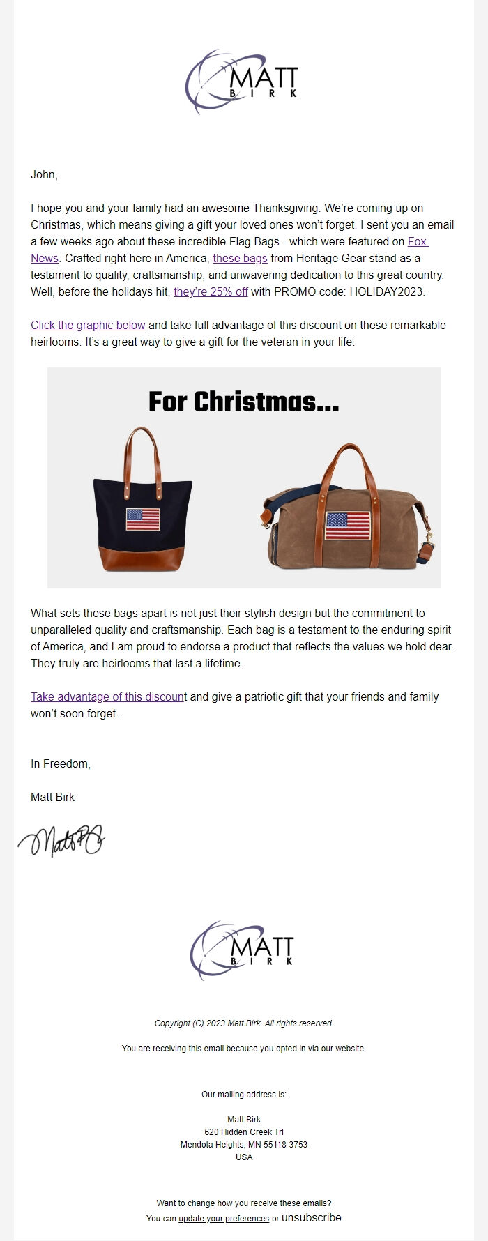 Screenshot of the email generated on import