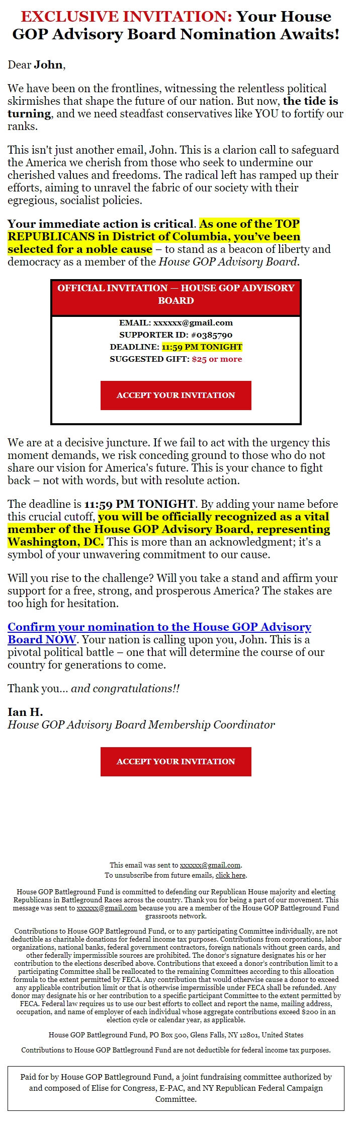 Screenshot of the email generated on import