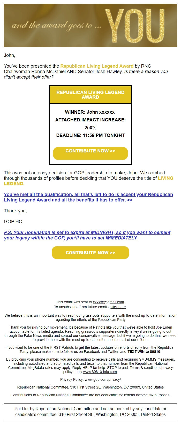 Screenshot of the email generated on import