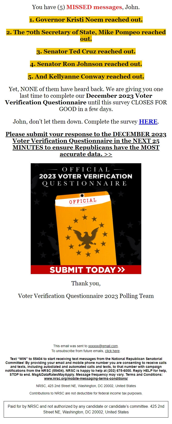 Screenshot of the email generated on import