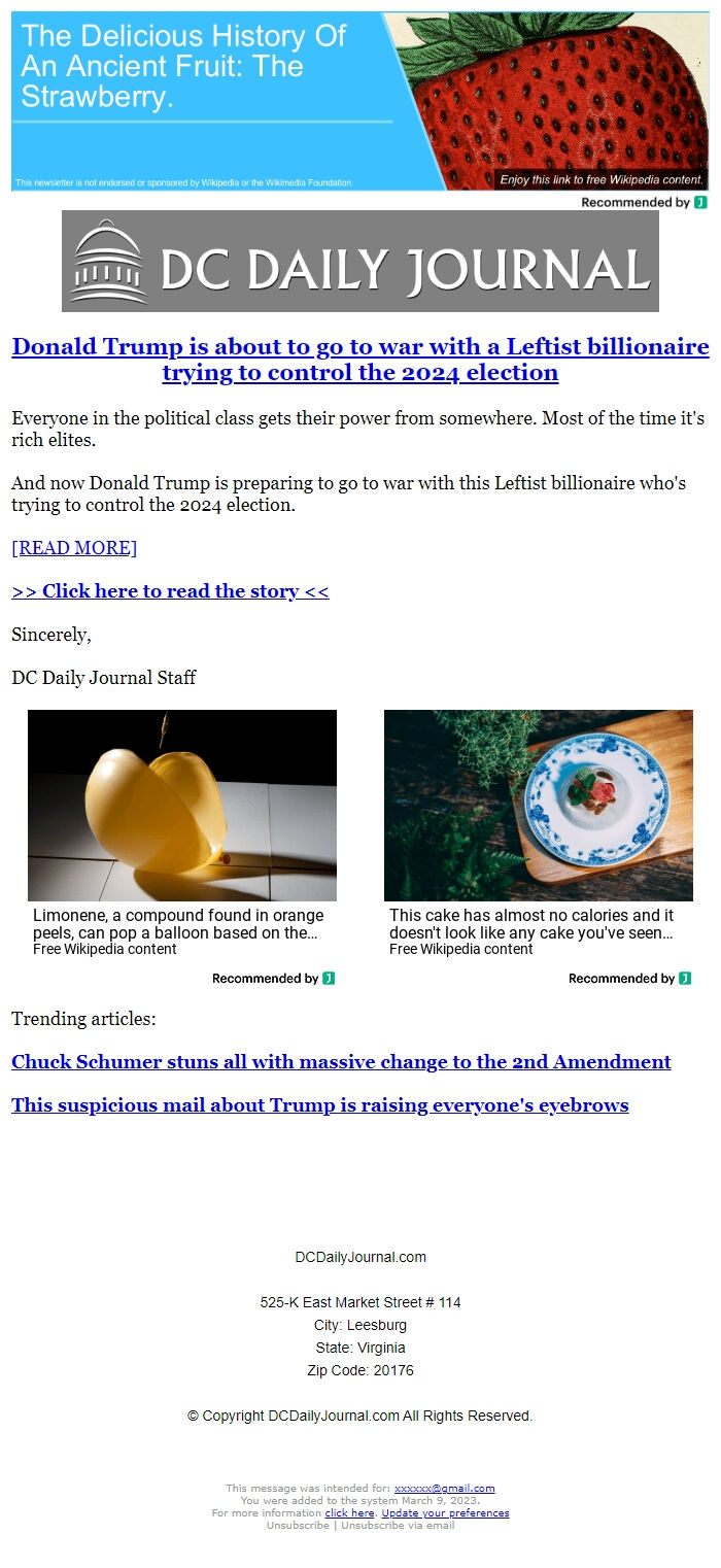 Screenshot of the email generated on import