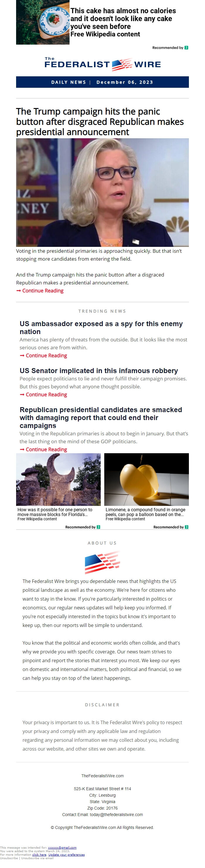 Screenshot of the email generated on import