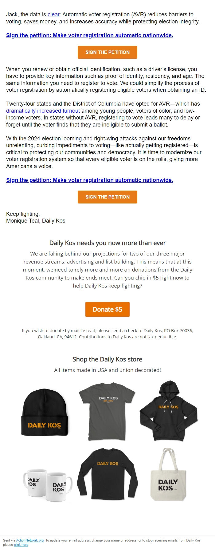 Screenshot of the email generated on import