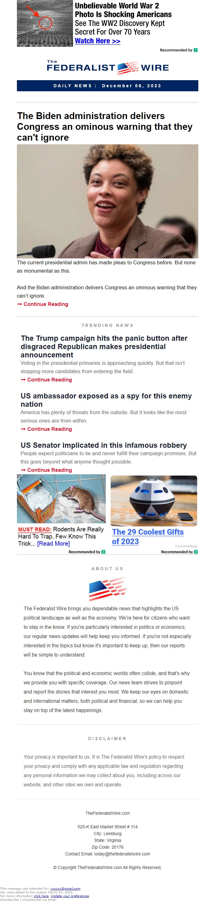 Screenshot of the email generated on import