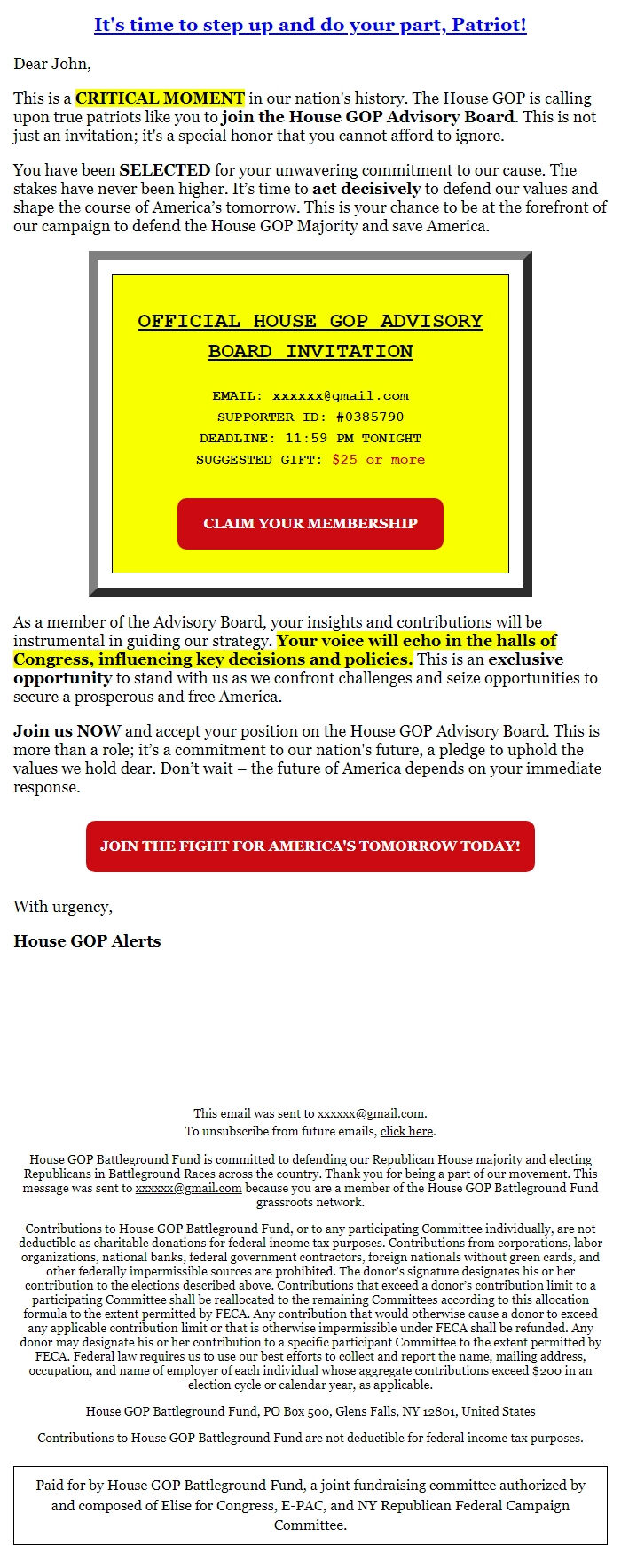 Screenshot of the email generated on import