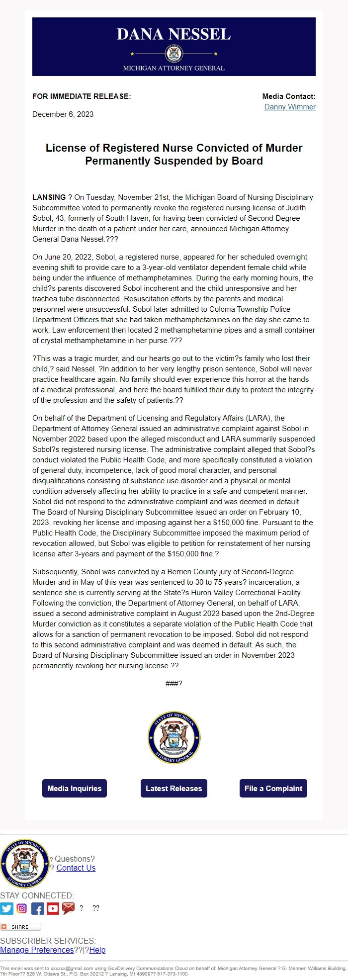 Screenshot of the email generated on import