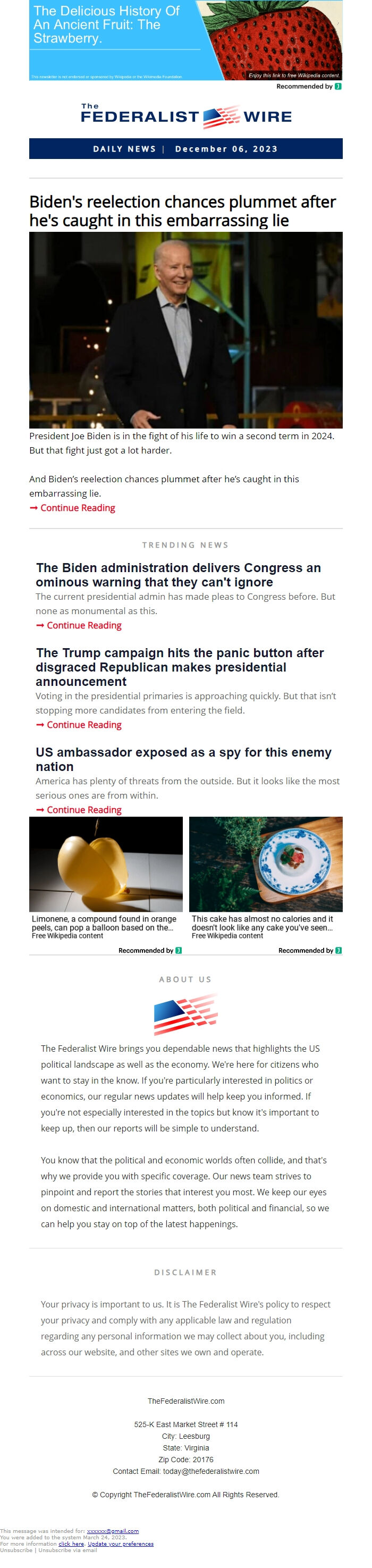 Screenshot of the email generated on import