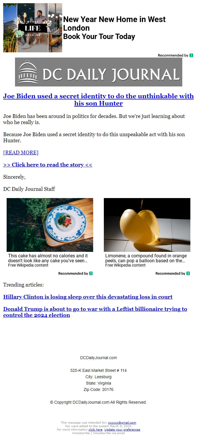 Screenshot of the email generated on import