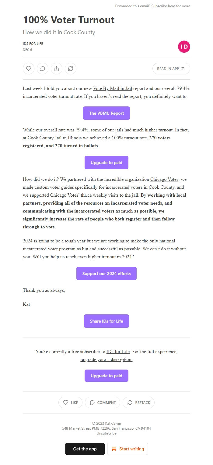 Screenshot of the email generated on import