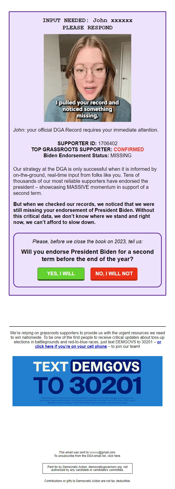 Screenshot of the email generated on import