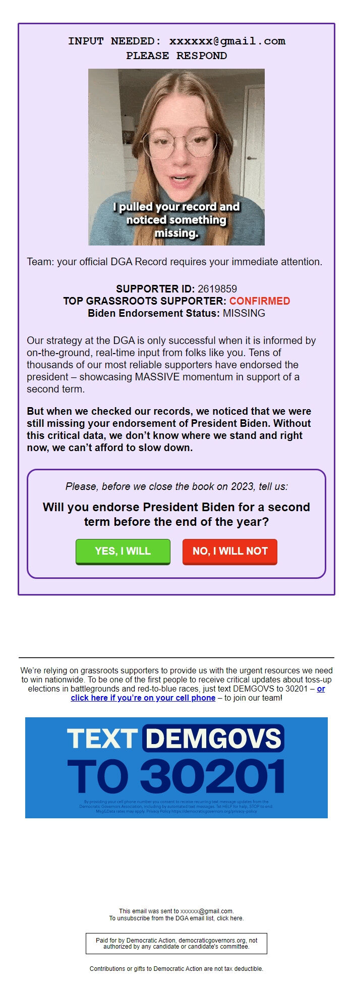 Screenshot of the email generated on import