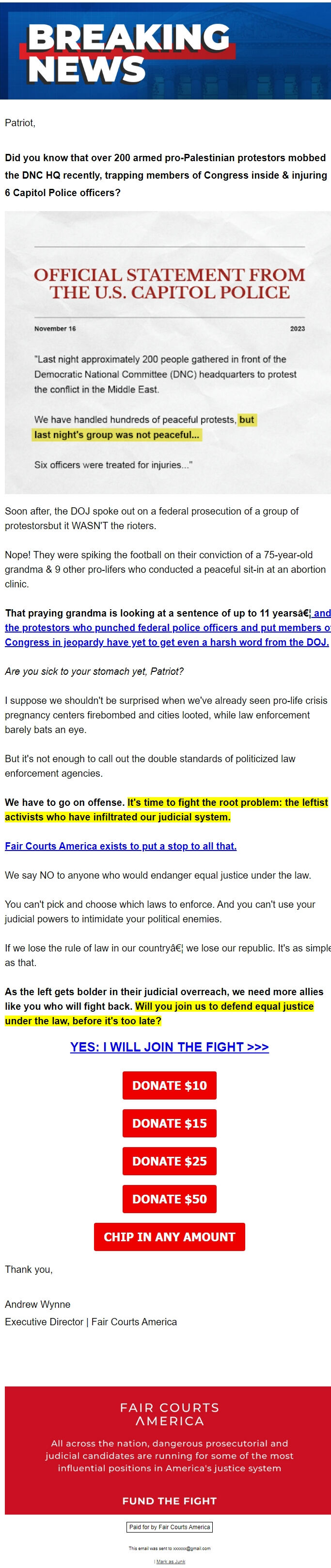 Screenshot of the email generated on import