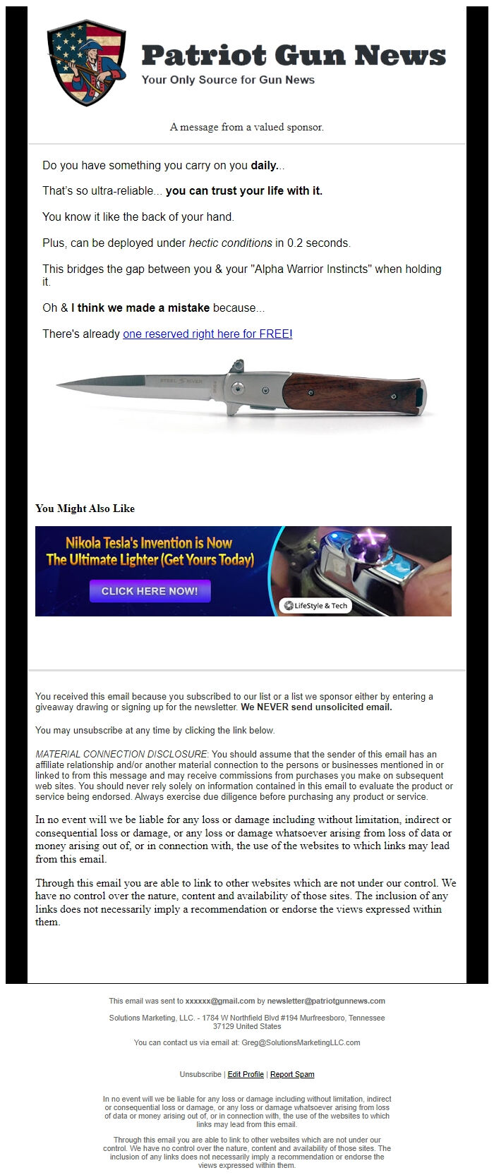 Screenshot of the email generated on import