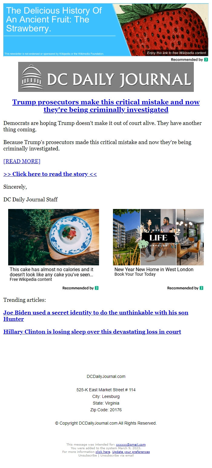Screenshot of the email generated on import